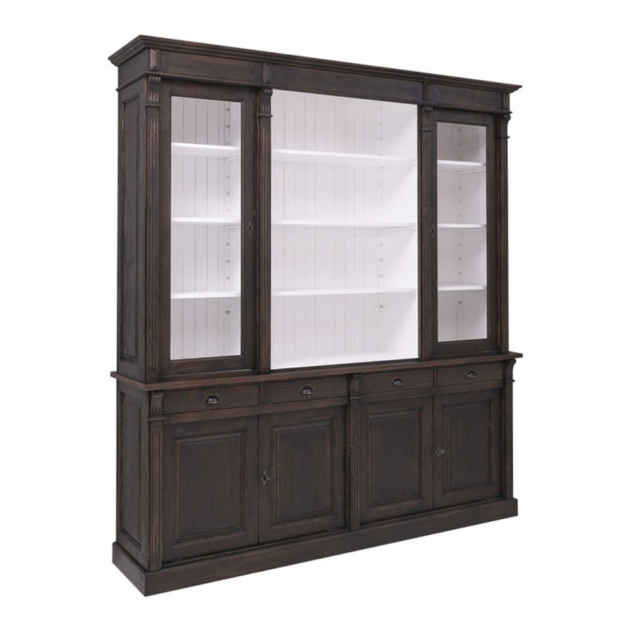 Sötétbarna könyvszekrény fehér belső térrel, három vitrines nyitható ajtóval és négy alsó ajtóval