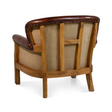 Manchester bőrfotel hátoldala teakfa vázzal és vászon betéttel