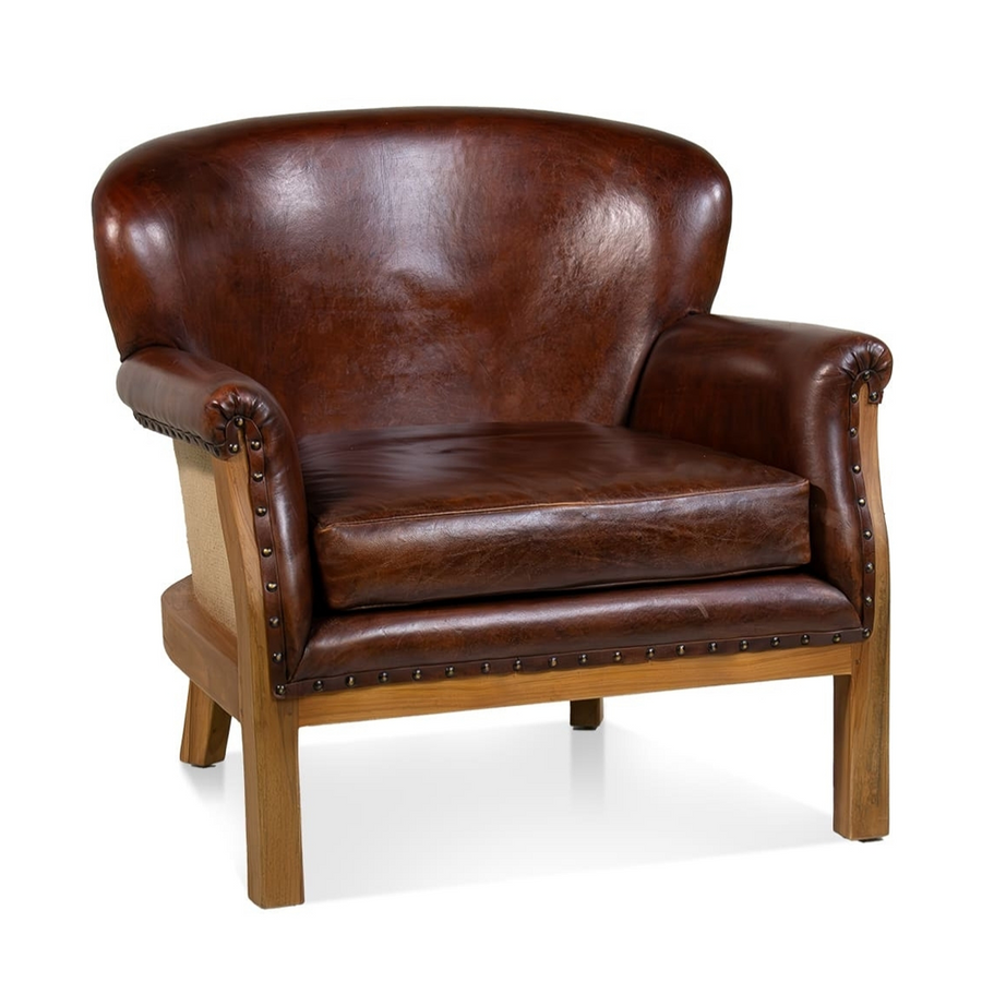 Manchester dohánybarna valódi bőr fotel teakfa vázzal elölnézet
