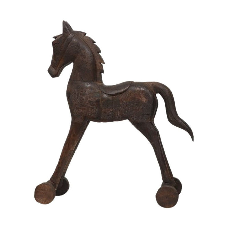 Mangófából faragott, barna színű ló figura.