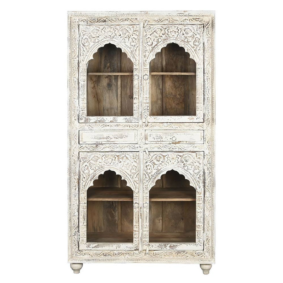 Faragott mangófa tálalószekrény 193 cm antik fehér "Amar"