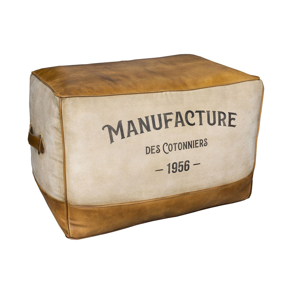 MANUFACTURE loft bőrpuff elölnézetben, bőr és vászon kárpitozással