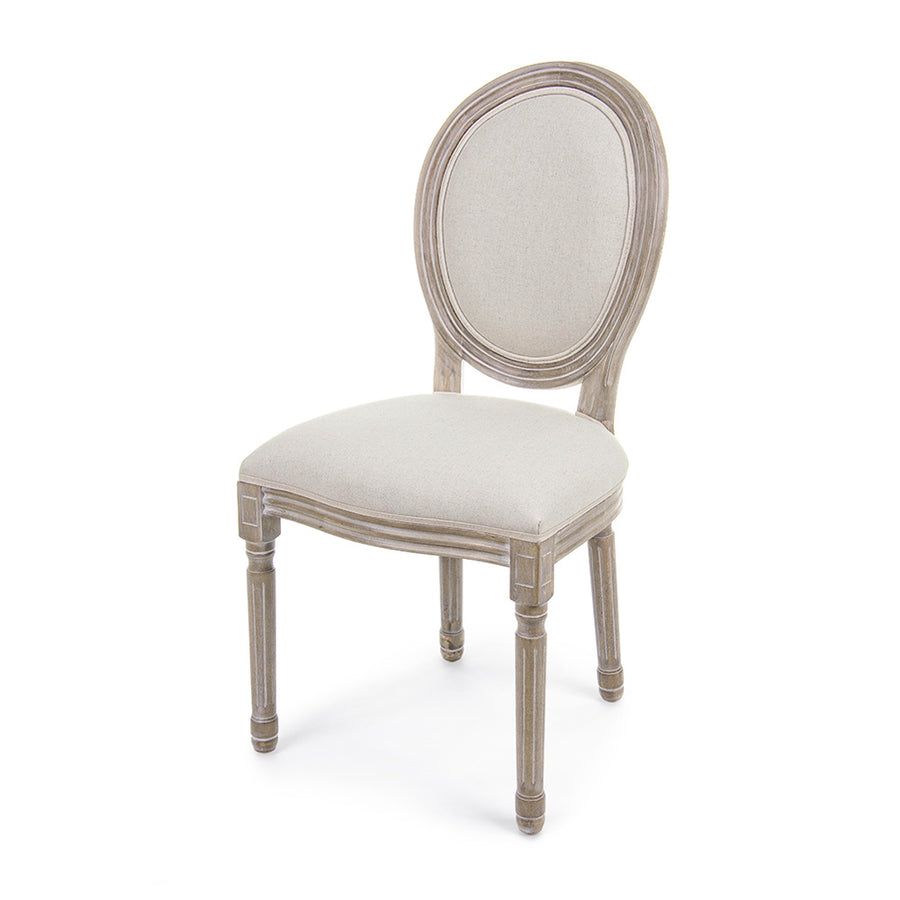 Fehér pigmentes olajjal kezelt, tömör nyírfából készült, ekrüszínű pamutvászonnal kárpitozott szék.