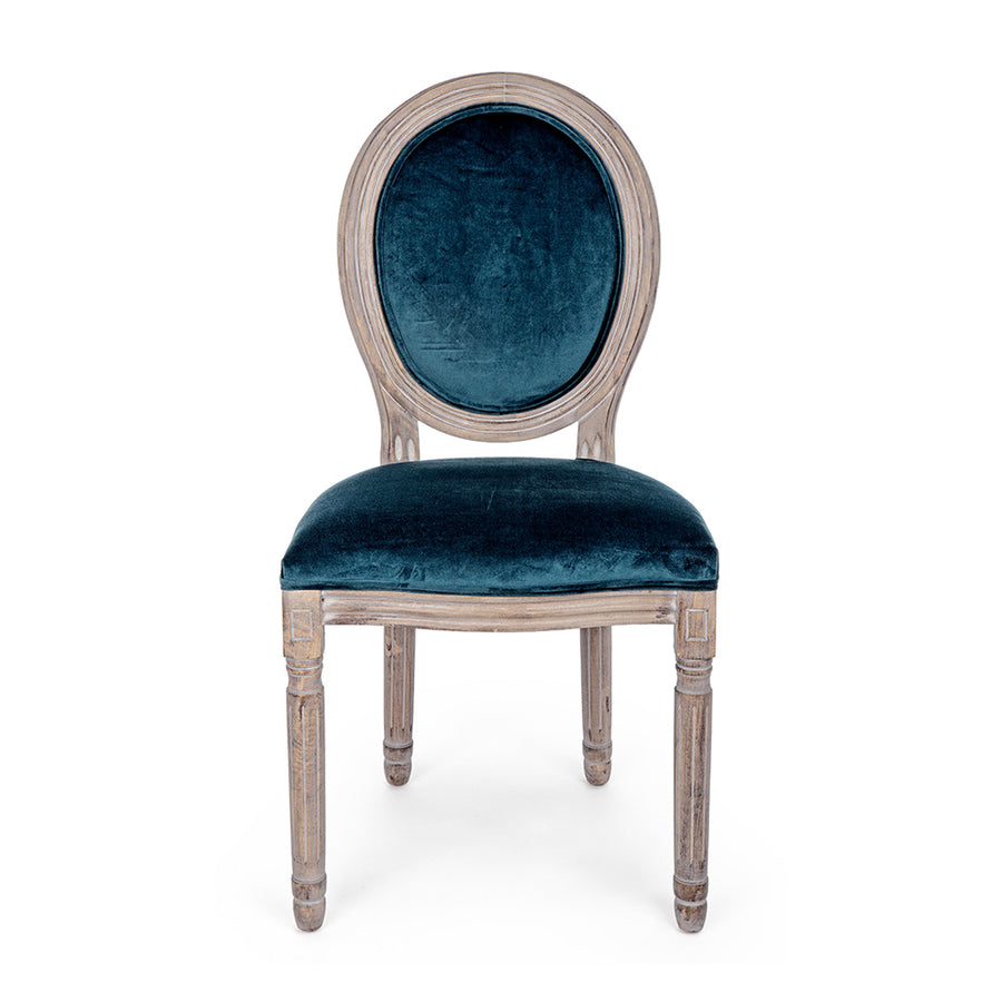 Párizsi kék színű, bársony hatású szövettel kárpitozott étkezőszék.