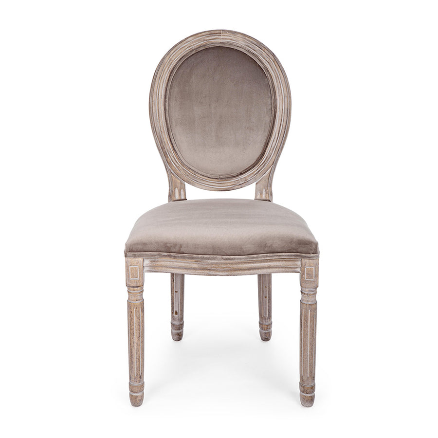 Taupe színű, bársony hatású szövettel kárpitozott étkezőszék.