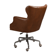 Sötétbarna marhabőrrel kárpitozott, álltató magasságú, forgó bőrfotel.