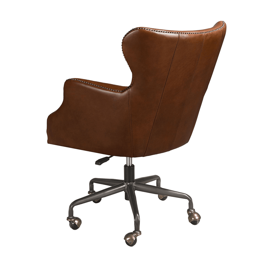 Sötétbarna marhabőrrel kárpitozott, álltató magasságú, forgó bőrfotel.