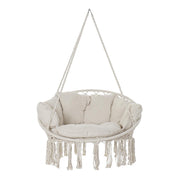 Maya Swing bézs pamut függőszék párnákkal, szemből fotózva, fehér háttér előtt.