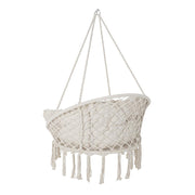 Maya Swing bézs pamut függőszék makramé mintás hátoldala, fehér háttér előtt.