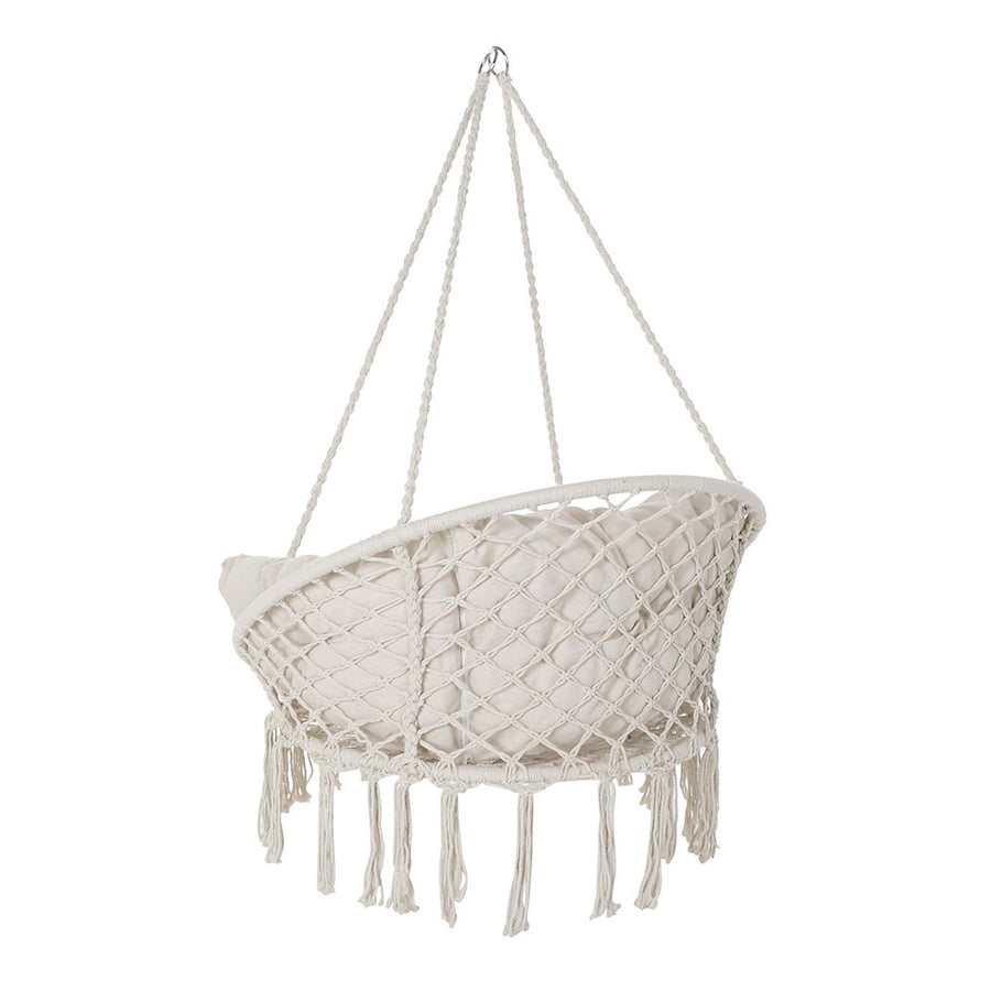 Maya Swing bézs pamut függőszék makramé mintás hátoldala, fehér háttér előtt.