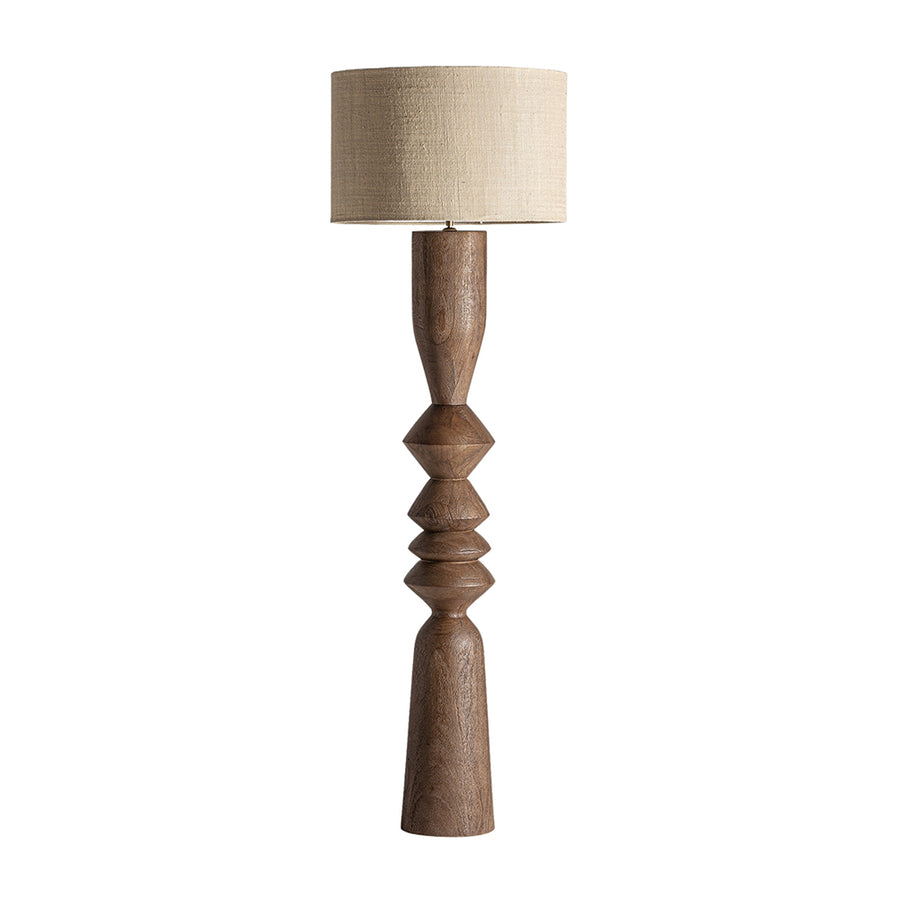 Barna színű design állólámpa, krém színű juta lámpaernyővel.