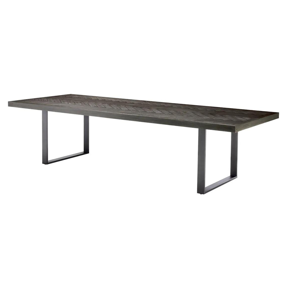 Faszénfekete színű tölgyfurnérból és bronz felületű rozsdamentes acélból készült, formatervezett design étkezőasztal.