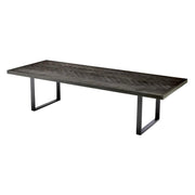 Faszénfekete színű tölgyfurnérból és bronz felületű rozsdamentes acélból készült, formatervezett design étkezőasztal.