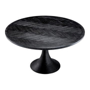 Faszénfekete színű tölgyfurnérból és szálcsiszolt sötétbronz felületű rozsdamentes acélból készült, kerek formájú design étkezőasztal.