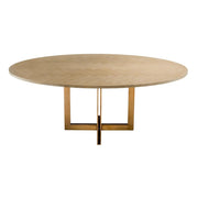 Natúrszínű tölgyfurnérból és sárgaréz felületű rozsdamentes acélból készült, ovális formájú design étkezőasztal.