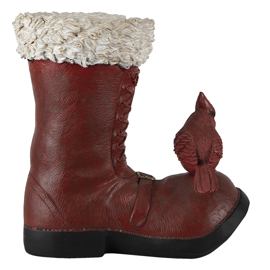 Kardinálispinttyel díszített, bordó színű mikulás csizma.