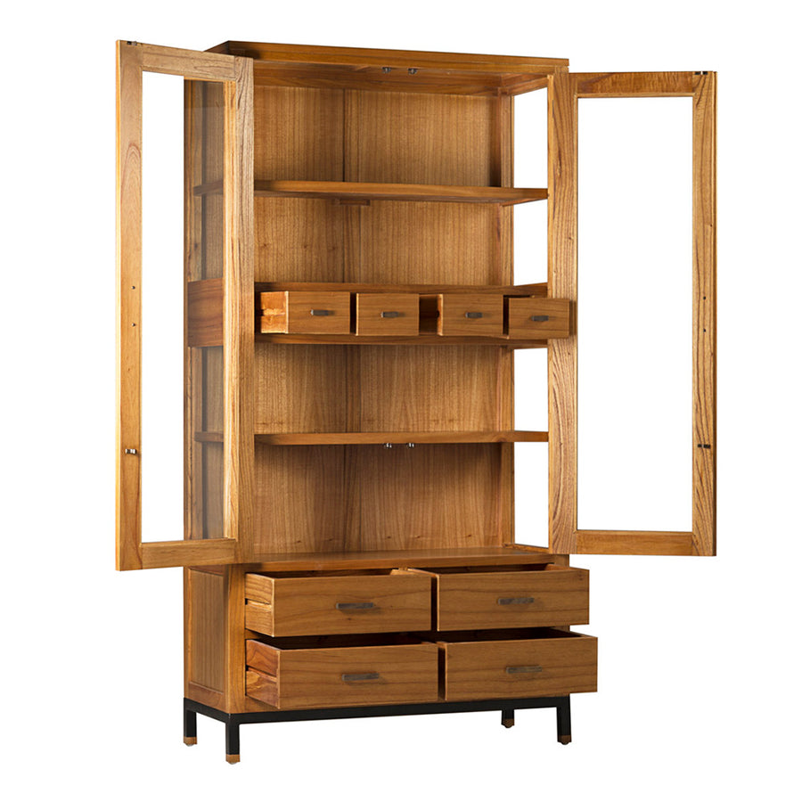 Tömör mindifából készült, modern, loft stílusú kézműves vitrines szekrény.