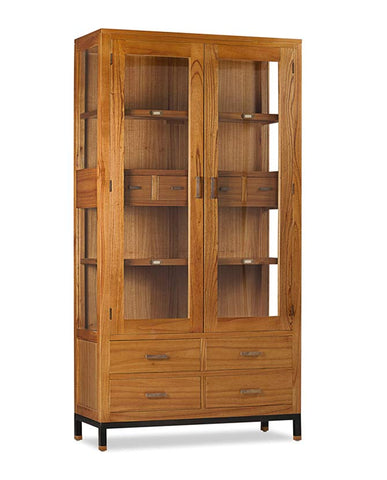 Tömör mindifából készült, modern, loft stílusú kézműves vitrines szekrény.