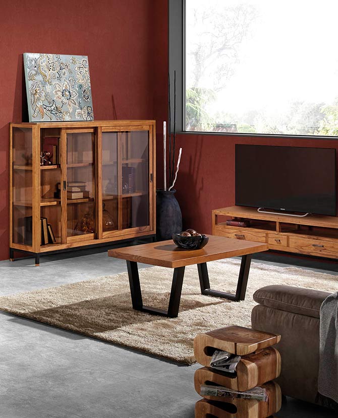 Tömör mindifából készült, modern, loft stílusú kézműves vitrines szekrény.