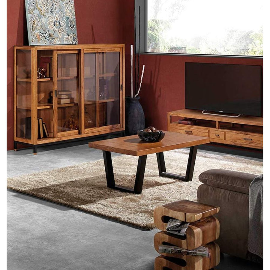 Tömör mindifából készült, modern, loft stílusú kézműves vitrines szekrény.