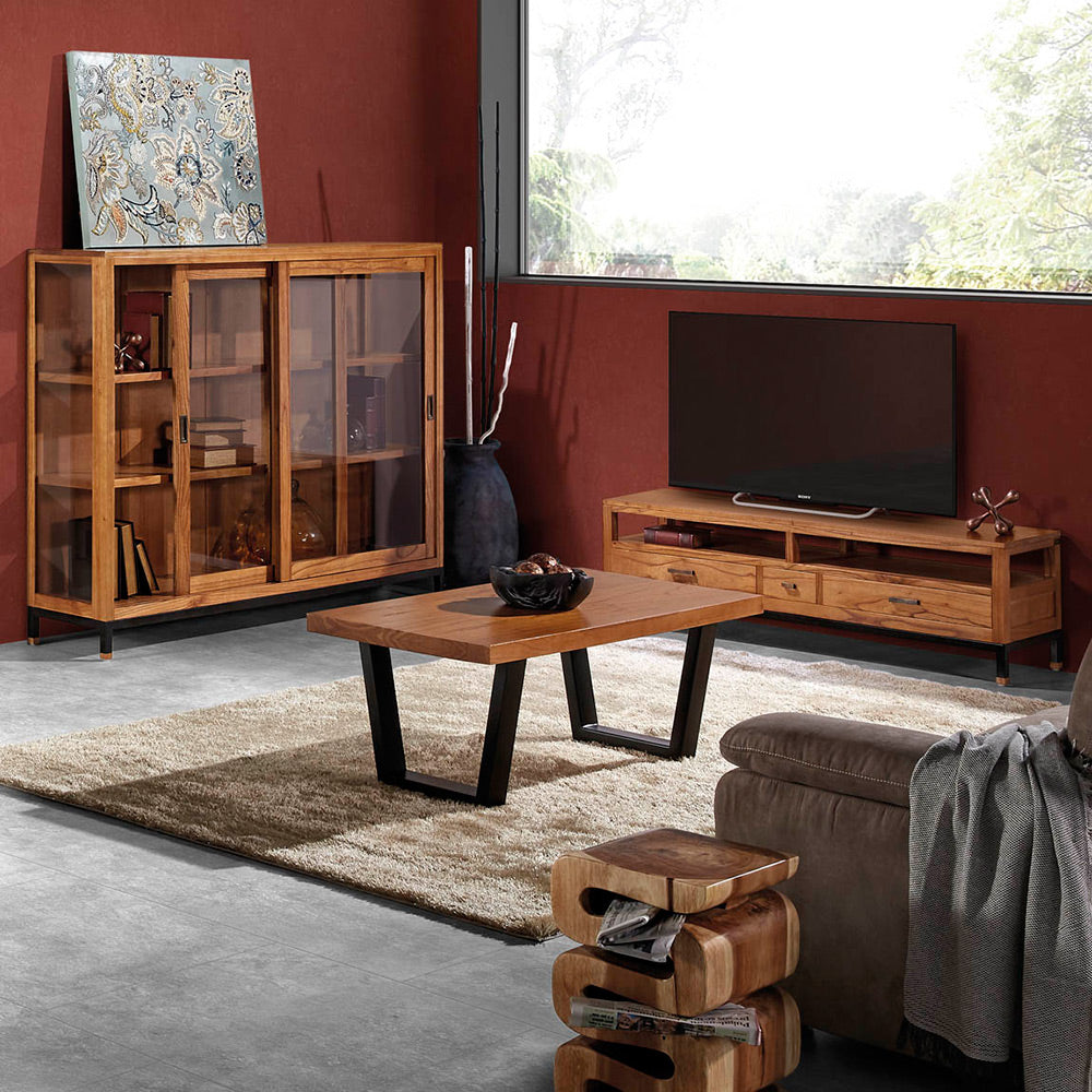 Tömör mindifából készült, modern, loft stílusú kézműves vitrines szekrény.