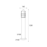 Torcia réz kerti állólámpa méretrajza 123 cm-es magassággal, 10 cm-es lámpatest- és 16 cm-es talpátmérővel
