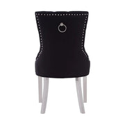 Ezüstszínű, rozsdamentes acéllábbakon álló, fekete színű poliészter vászonnal kárpitozott dizájn étkezőszék.