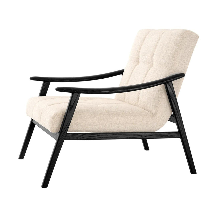 Bézs szövettel kárpitozott, formatervezett design fotel..