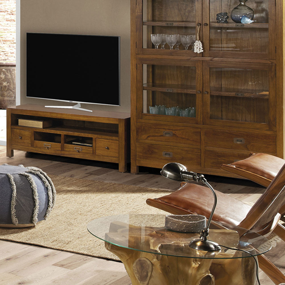 Loft stílusú, mindifából készült, natúr színű TV szekrény.