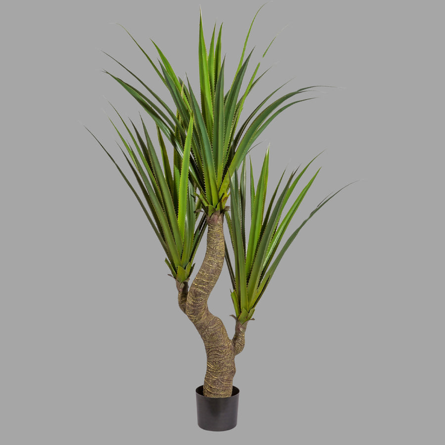 Zöld színű levelű, agave műnövény, fekete műanyagkaspóban.