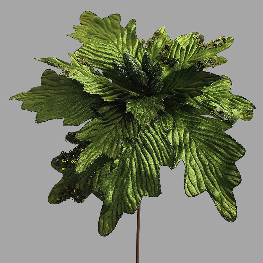 Zöld színű bársonyból készült dekoratív mű mikulásvirág.