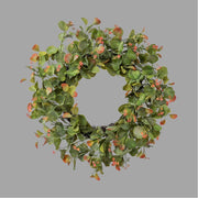 Virágzó, dús kialakítású, mű eukaliptusz koszorú.