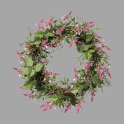 Rózsaszín virágzatú mű levendula koszorú.