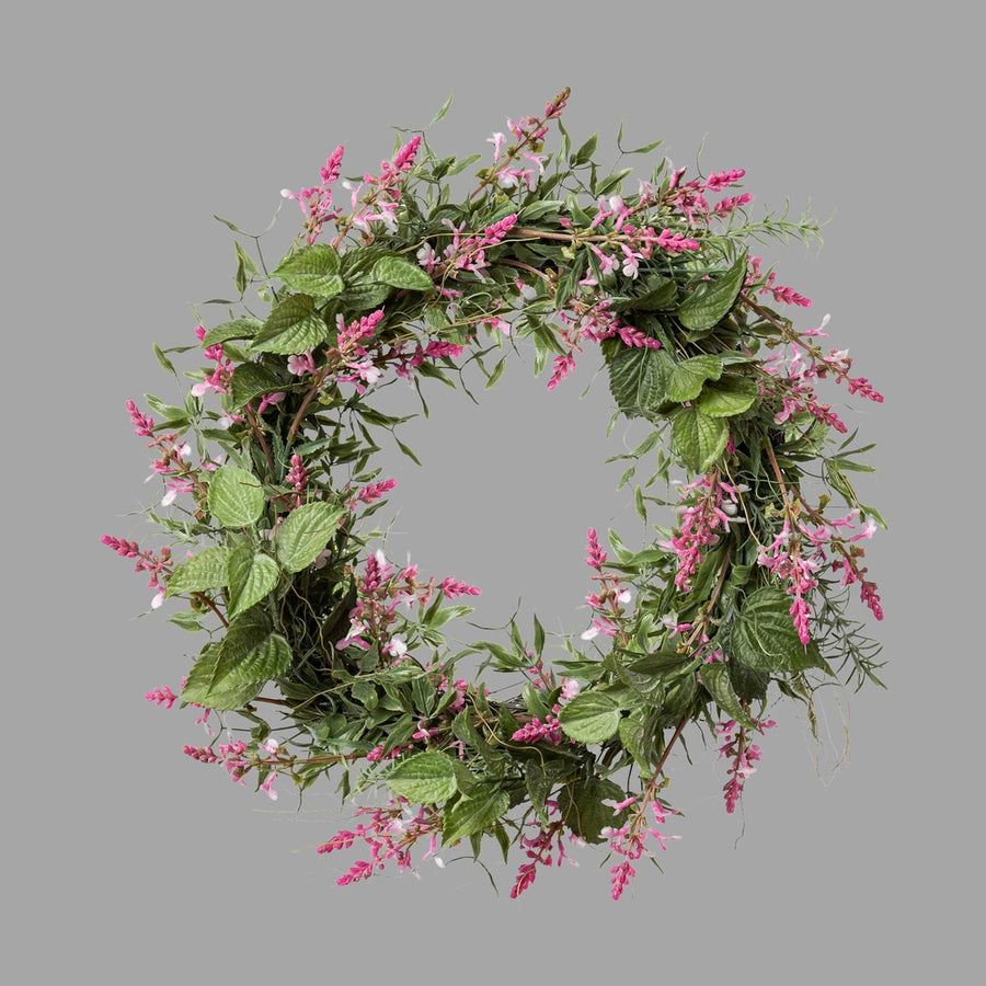 Rózsaszín virágzatú mű levendula koszorú.