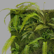 Mű páfrányokból és mesterséges mohából készült, növényfal panel.