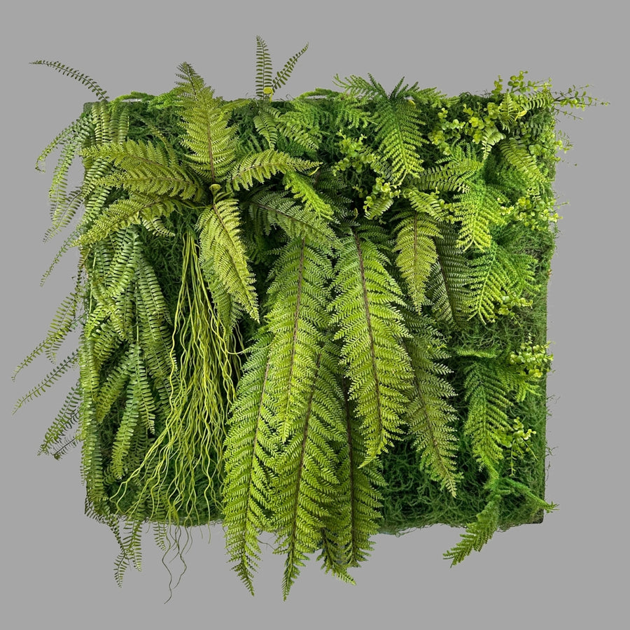 Mű páfrányokból és mesterséges mohából készült, növényfal panel.