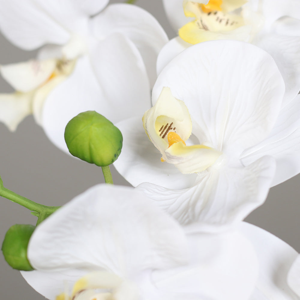 Krémszínű mű orchidea, aranyszínű fém kaspóban.