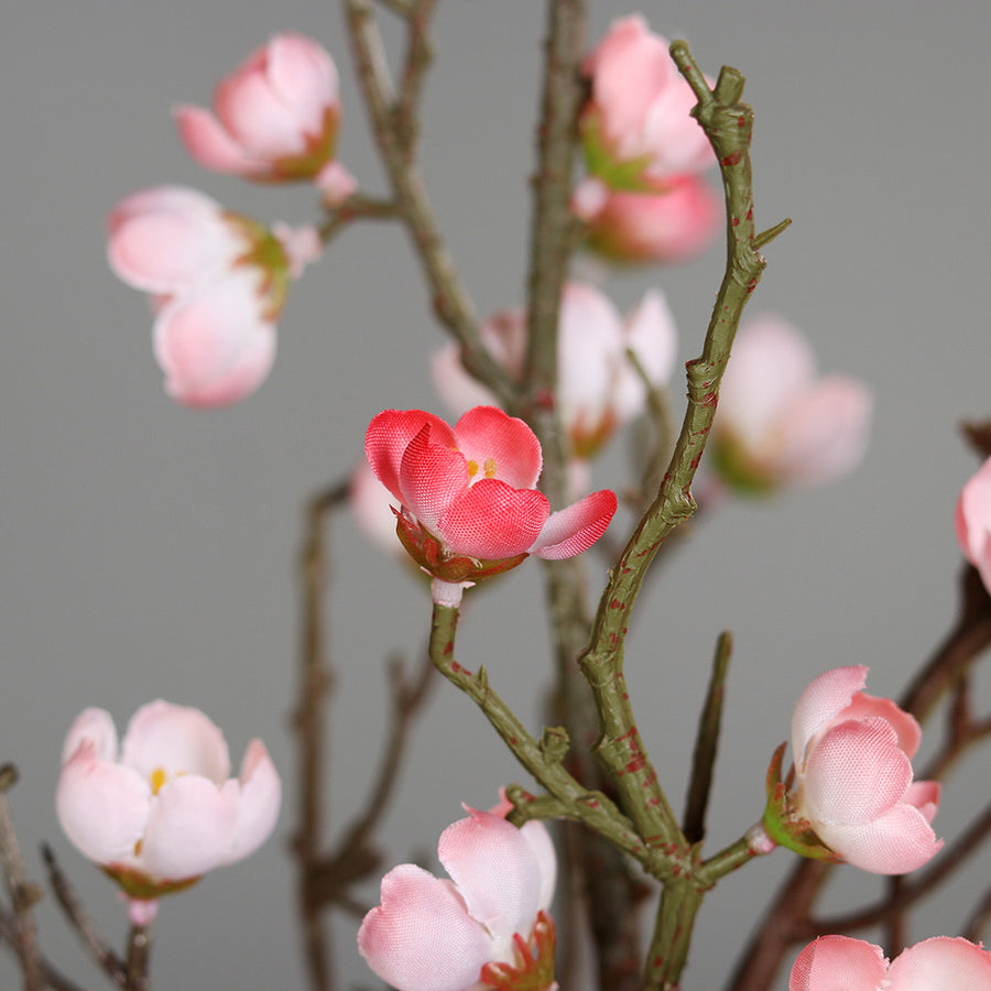 Virágzó mű cseresznyefa ág, rózsaszín színű nyílt és bimbós virágokkal.