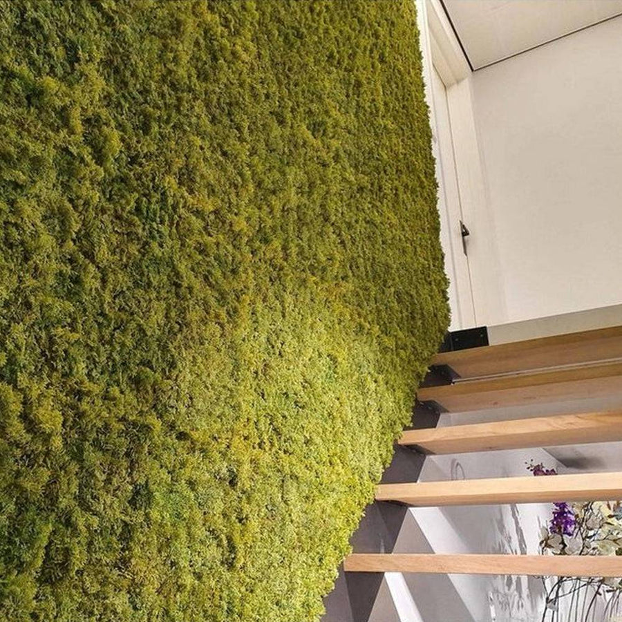 Mű rénszarvas moha falpanel dekorációs megoldásként beltéri falon, természetes zöld hatással.