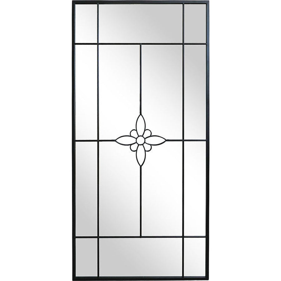 Fekete színű, nagyméretű, fémből készült, loft stílusú falitükör.