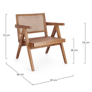 Natúr színű, lakozott felületű teakfából és rattanból készült, formatervezett fotel.