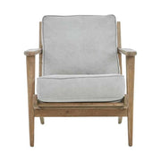 Amerikai tölgyből készült, szürke színű vászonpárnákkal kialakított fotel.