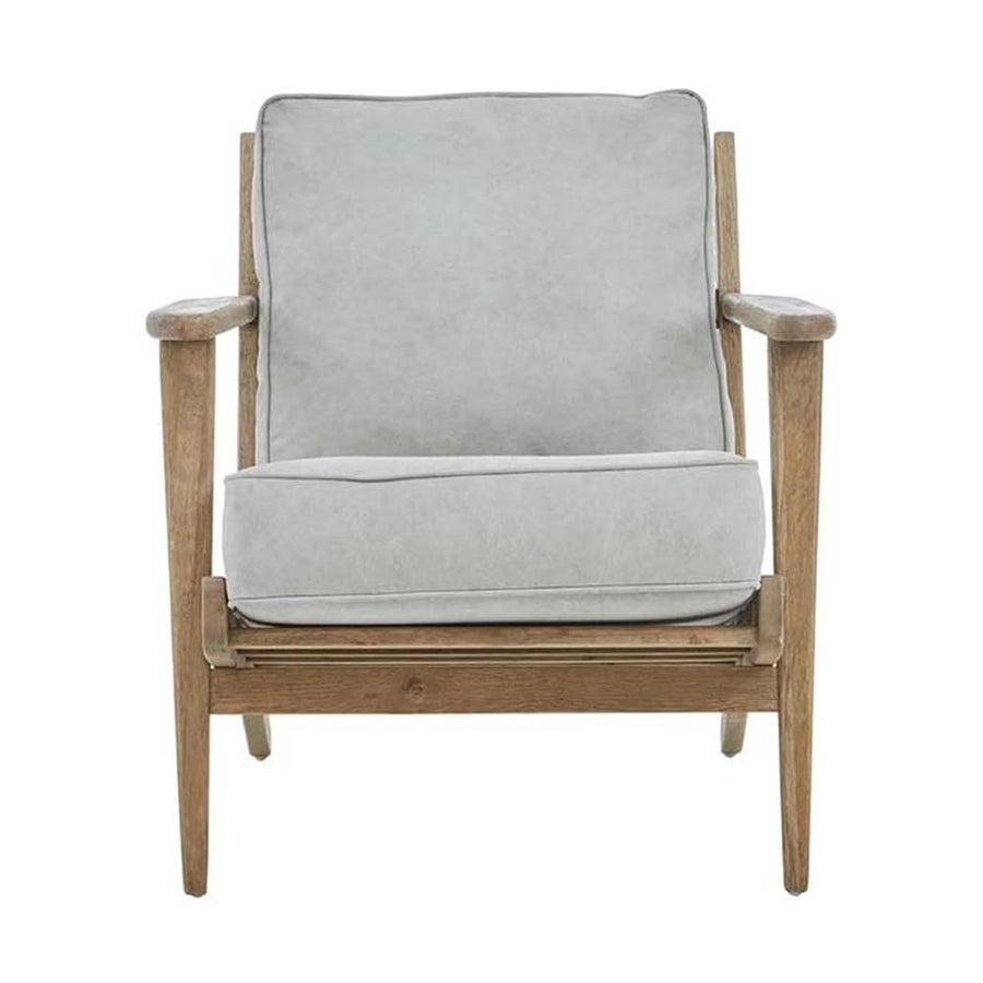 Amerikai tölgyből készült, szürke színű vászonpárnákkal kialakított fotel.