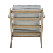 Amerikai tölgyből készült, szürke színű vászonpárnákkal kialakított fotel.