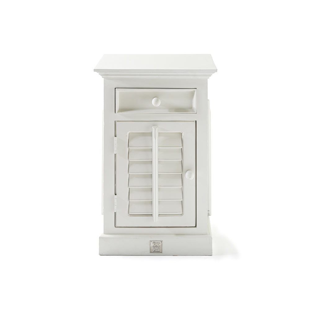 NEW ORLEANS fehér akácfa éjjeliszekrény lamellás ajtóval és fiókkal, balos kivitel 75 cm