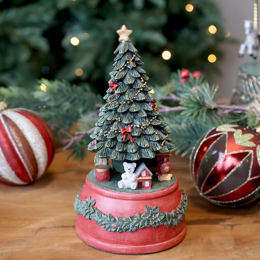 NOÉL zenélő bordó dekor karácsonyfa 18 cm