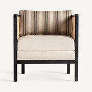 Fekete színre festett mangófából készült, rattan betétes kialakítású, bézs színű szövettel kárpitozott fotel.