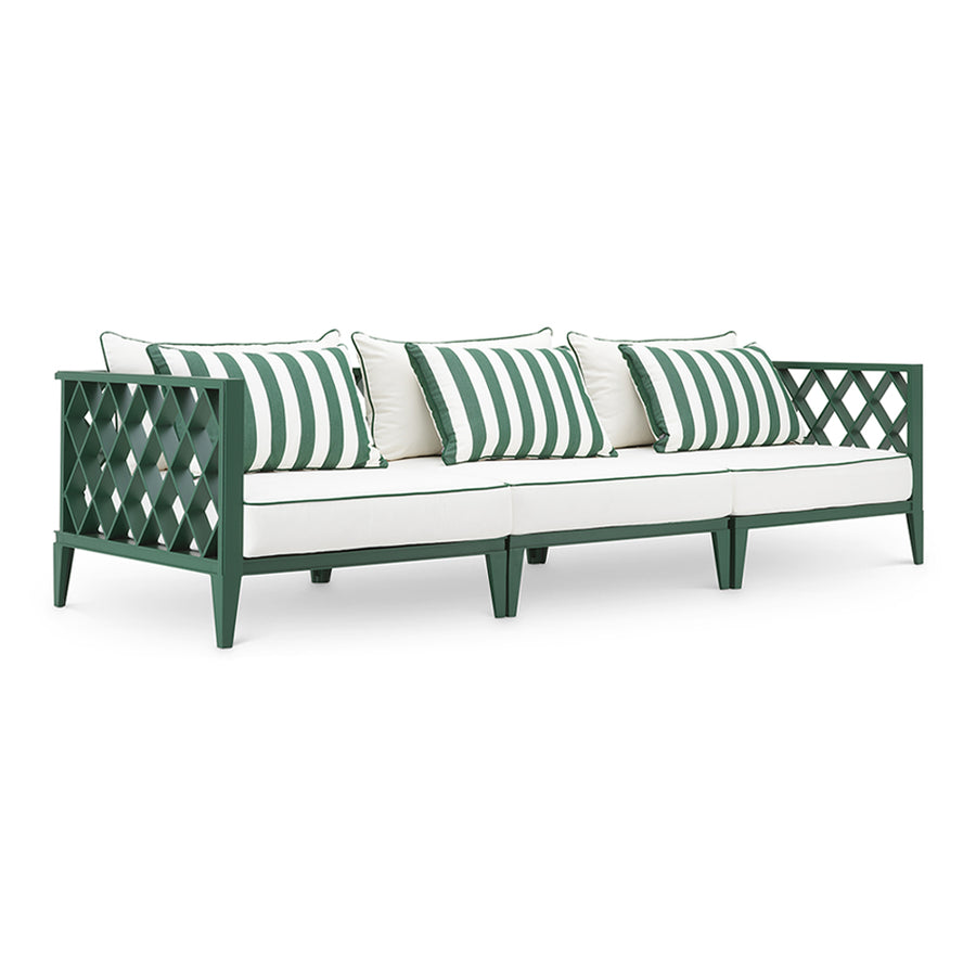 Eichholtz Ocean Club zöld kültéri kanapé csíkos díszpárnákkal oldalnézetben