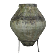 Óriás méretű, antik zöld patinás Odin lábas kaspó fekete fém állvánnyal