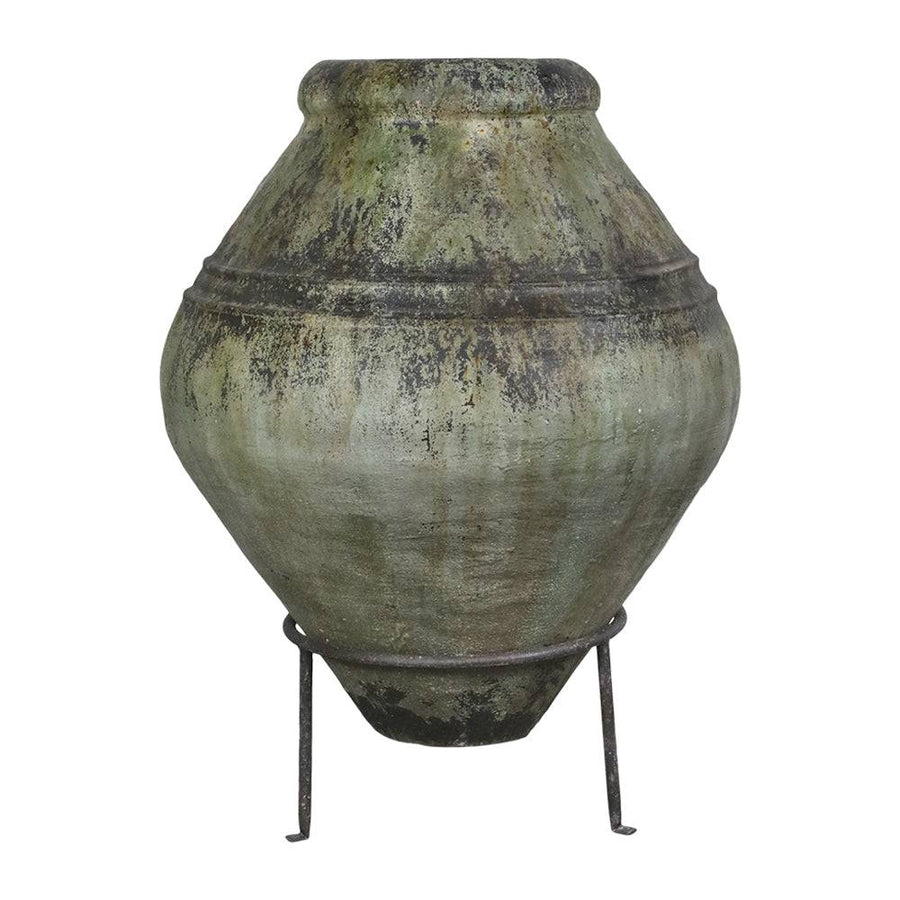 Óriás méretű, antik zöld patinás Odin lábas kaspó fekete fém állvánnyal